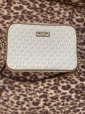 MICHAEL Michael Kors Cream Logo Crossbody with Brown Trim and Gold Plate